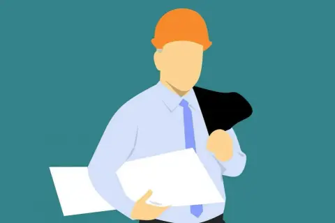 Ilustracja mężczyzny w kasku budowlanym, koszuli, krawacie i z marynarką na ramieniu, trzymającego dokumenty.