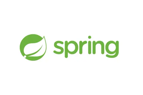 Zielony liść i napis "spring" - symbol frameworka Spring Java.