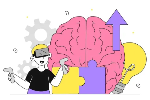 Chłopiec w goglach VR składa mózg z puzzli, symbolizując zrozumienie neuroatypowości i jej objawów. Żarówka i strzałka w górę oznaczają rozwój.