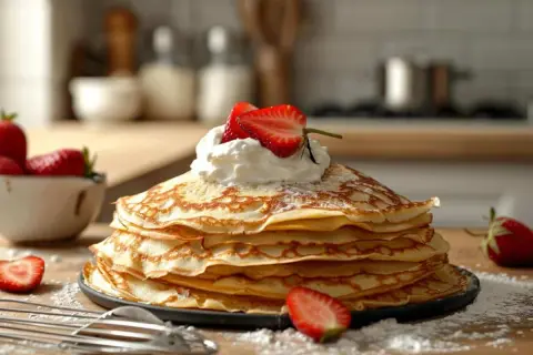 Pile de crêpes dorées, garnie de chantilly et de fraises. Parfait pour une recette crêpe 2 œufs gourmande.