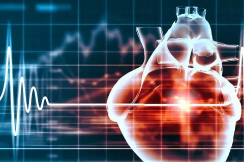 Przezroczyste serce na tle wykresu EKG, symbolizujące działanie leków takich jak digoxin, poprawiających rytm serca.