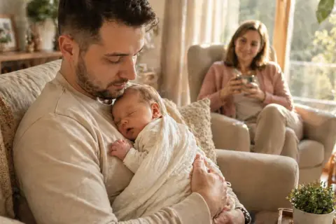 Ojciec tuli śpiące dziecko, a matka patrzy z uśmiechem. Czas na urlop ojcowski, ile płatny?