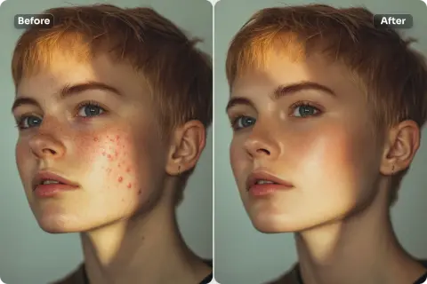Avant/après : retouche photo professionnel pour un teint parfait. La peau est lissée, les imperfections effacées, la lumière sublimée.
