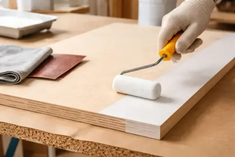 Main blanche une planche de contreplaqué avec un rouleau. Papier de verre et chiffon à proximité.