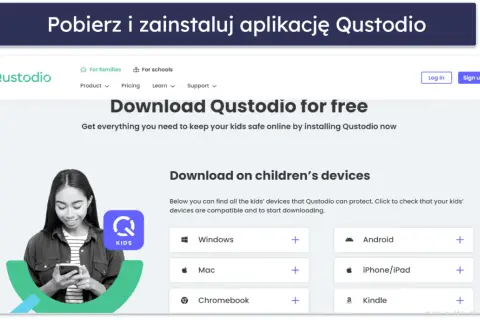 Dziewczyna korzysta z telefonu, obok logo Qustodio Kids. Strona oferuje kontrolę rodzicielską na iPhone, Android i inne urządzenia.