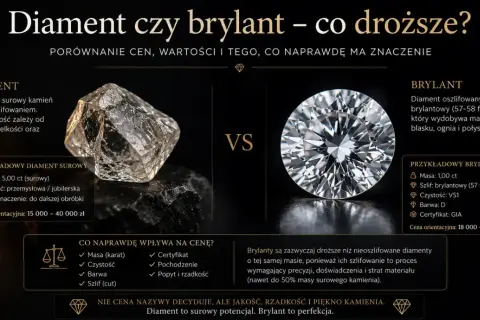 Surowy, nieoszlifowany diament obok lśniącego brylantu. Porównanie cen i wartości kamieni.
