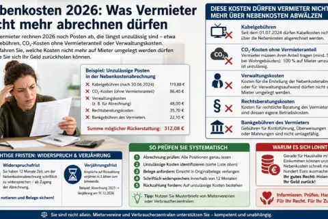 Frau prüft Nebenkostenabrechnung. Unzulässige Posten wie Kabelgebühren oder Verwaltungskosten dürfen nicht mehr abgerechnet werden. Holen Sie sich Ihr Geld zurück!
