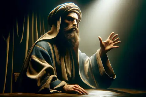 Faryzeusz w tradycyjnym stroju, z brodą i turbanem, gestykuluje ręką w świetle reflektora.