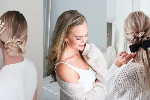 Peinados para trabajar: moño trenzado elegante, trenza diadema y coleta con lazo.