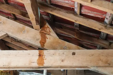 Vue rapprochée des poutres en bois d'un grenier, montrant des traces d'humidité et de décoloration, signe d'une fuite nécessitant une réparation toiture.