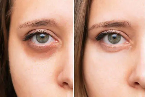 Vorher/Nachher-Vergleich: Ein blasses Gesicht mit deutlichen Augenringen wird durch eine Behandlung aufgehellt, die die Augenringe reduziert.