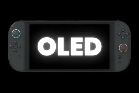 Konsola Nintendo Switch OLED z białym napisem "OLED" na ekranie.