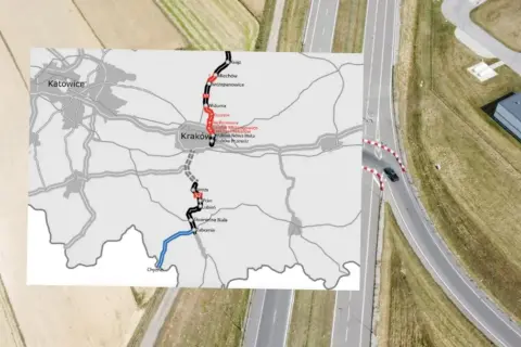 Mapa drogowa S7 z zaznaczonymi odcinkami i miastami, od Katowic przez Kraków po Chyzne.