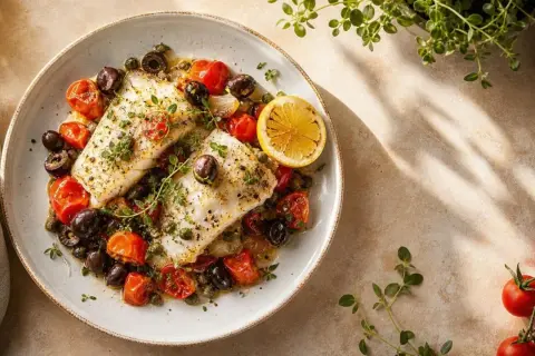 Deux dos de cabillaud savoureux, accompagnés de tomates cerises, d'olives noires et de câpres, le tout garni de thym frais et d'une tranche de citron.