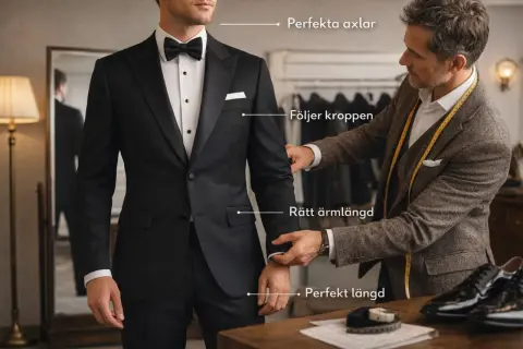 En skräddare visar hur en frack ska sitta: perfekta axlar, följer kroppen, rätt ärmlängd och perfekt längd.