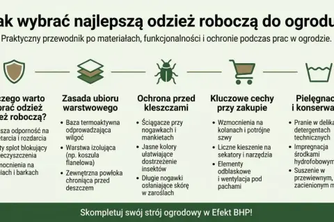 Przewodnik po wyborze odzieży roboczej do ogrodu: materiały, ochrona przed kleszczami, kluczowe cechy przy zakupie. Najlepsi producenci odzieży roboczej oferują trwałe i funkcjonalne rozwiązania.