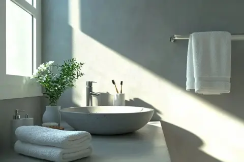 Lavabo moderno con encimera y paredes de microcemento baño. Toallas blancas, plantas y dispensadores de jabón.