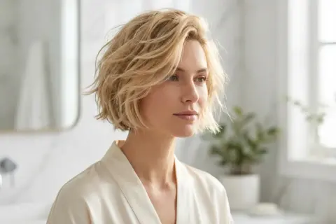 Kvinna med blont, texturerat kort hår som ser ut att vara stylat för en avslappnad men chic look.