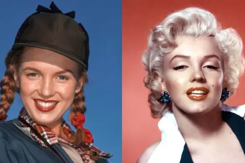 Marilyn Monroe ung med flätor och keps, bredvid en mer glamorös Marilyn Monroe med lockigt hår och stora örhängen.