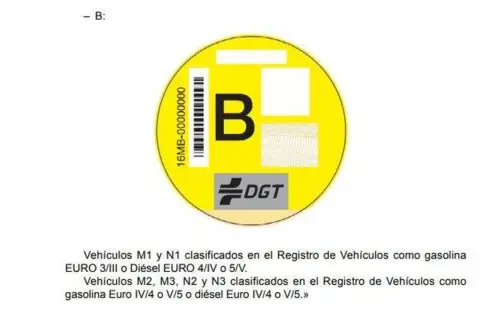Pegatina DGT con letra B, para vehículos diésel EURO 4/IV o 5/V.