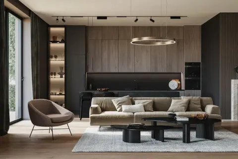 Nowoczesny salon z kuchnią, gdzie polski producent oświetlenia podkreśla elegancję wnętrza.