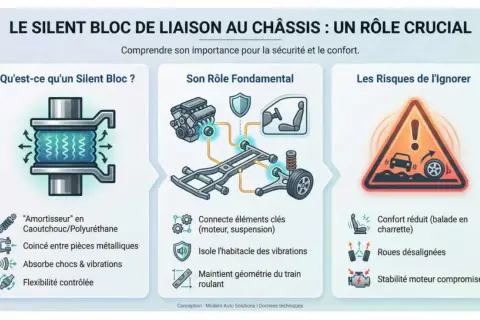 Le silentbloc de liaison au châssis, en caoutchouc, absorbe chocs et vibrations pour le confort et la sécurité. Il maintient la géométrie du train roulant.