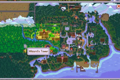 Mapa Stardew Valley Expanded z zaznaczonym Wieżą Czarodzieja. Widać farmę, miasteczko i lasy.