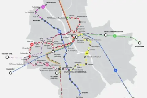 Mapa metra w Warszawie z liniami M1, M2, M3, M4 i S1, S3.