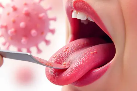 Lingua con papule rosse, forse un segno di papilloma virus. Verruca labbro?