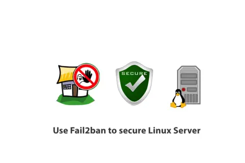 Icône d'une maison barrée, d'un bouclier "SECURE" et d'un serveur Linux avec un pingouin. Fail2ban protège votre serveur Debian.