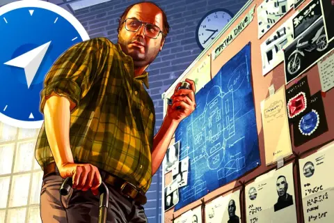 Trevor plant seine nächste Aktion, vielleicht mit Blick auf die GTA 5 Aktien. Ein Bauplan und Fotos von Verdächtigen hängen an der Wand.