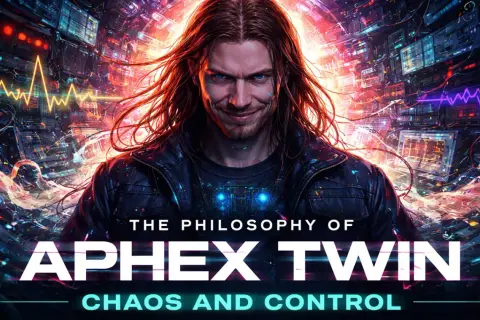 A man with long hair and a smirk stands amidst a chaotic, futuristic server room, surrounded by glowing screens and waveforms. The text reads "The Philosophy of Aphex Twin: Chaos and Control," hinting at the complex nature of his music and software.