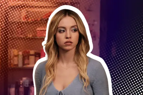 Sydney Sweeney in einem blauen Pullover, bekannt aus Serien wie Euphoria. Ihr Blick ist nachdenklich, während sie vor einem stilisierten Hintergrund steht.