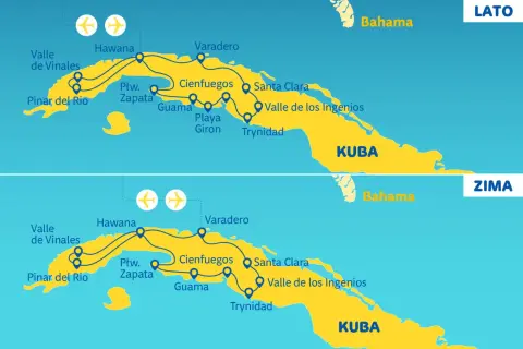 Mapa Kuby z trasami podróży. Wycieczka "LATO" i "ZIMA" przez wyspę jak wulkan gorąca, od Hawany po Trynidad.