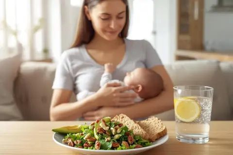 Karmienie piersią a dieta: zdrowa sałatka, pieczywo i woda z cytryną dla mamy.