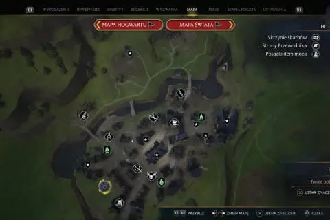Mapa Hogsmeade z zaznaczonymi miejscami do odkrycia. Widoczne ikony skrzyń skarbów, stron przewodnika i posążków demimoza.