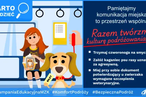 Dziewczyna z kotem w transporterze i pies z biletem w autobusie. Czy pies musi mieć bilet w autobusie? Tak, jeśli podróżuje. #KampaniaEdukacyjnaMZK