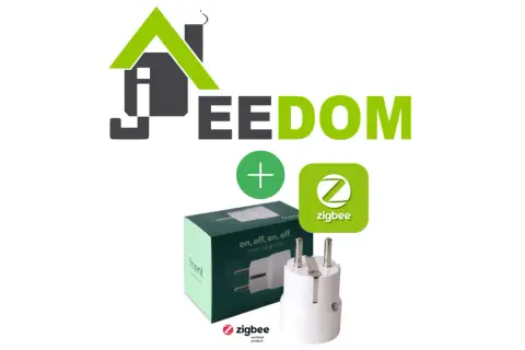 Prise connectée Jeedom Zigbee, avec sa boîte et le logo de la marque.