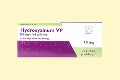 Opakowanie leku Hydroxyzinum VP 10 mg, zawierające 30 tabletek powlekanych.