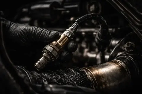 Ręka w czarnej rękawiczce trzyma czujnik AFR. Mechanik przygotowuje się do wymiany, by zapewnić optymalne spalanie.