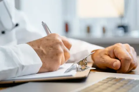 Doktor nauk medycznych w białym kitlu notuje informacje na kartce.
