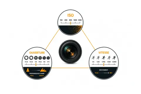 Schéma expliquant la photographie technique : ISO, ouverture et vitesse. Un objectif est au centre, relié à des cercles illustrant ces concepts.