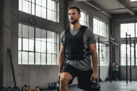 Mann mit Gewichtsweste im Alltag, hebt Kettlebells im Fitnessstudio.