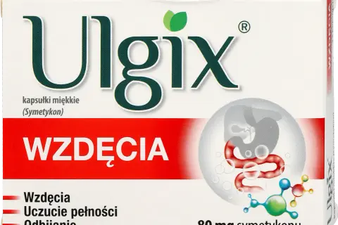 Opakowanie leku Ulgix na wzdęcia, z grafiką układu pokarmowego i molekułą symetykonu.