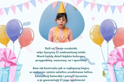 Urodzinowe życzenia dla dziewczynki: dmuchanie świeczek na torcie, balony i prezenty. Niech każdy dzień będzie kolorowy i pełen radości!