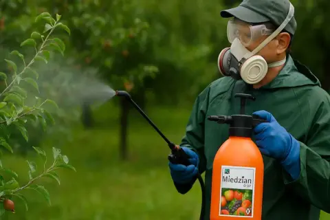 Ochrona róż przed chorobami za pomocą opryskiwacza z preparatem Miedzian. Osoba w masce i okularach chroni się podczas zabiegu.