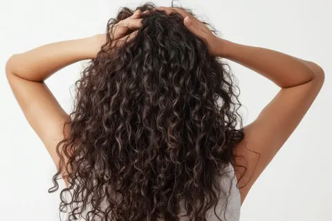 Mujer con pelo crespo oscuro y voluminoso, con las manos en la cabeza, mostrando la textura natural de su cabello.