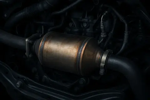 Bilens avgassystem med en katalysator. Tänk på att en dpf delete kan leda till problem vid besiktning.