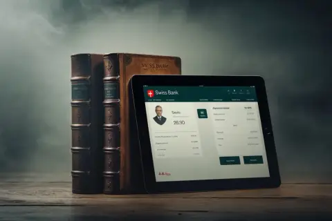 Stare księgi i tablet z aplikacją Swiss Bank. Dowiedz się, jak założyć konto w Szwajcarii, korzystając z nowoczesnych rozwiązań.