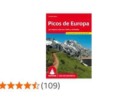 Guía de randonnée Picos de Europa con 52 rutas y tracks GPS. Paisaje montañoso con sendero y casa rural.